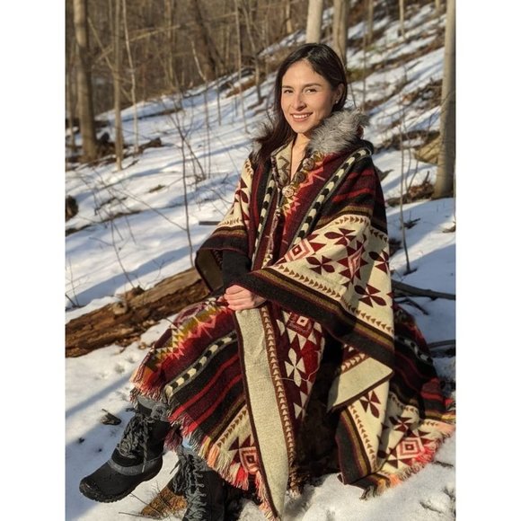 Red Alpaca Poncho with Faux Fur Hood - Picture 1 of 5